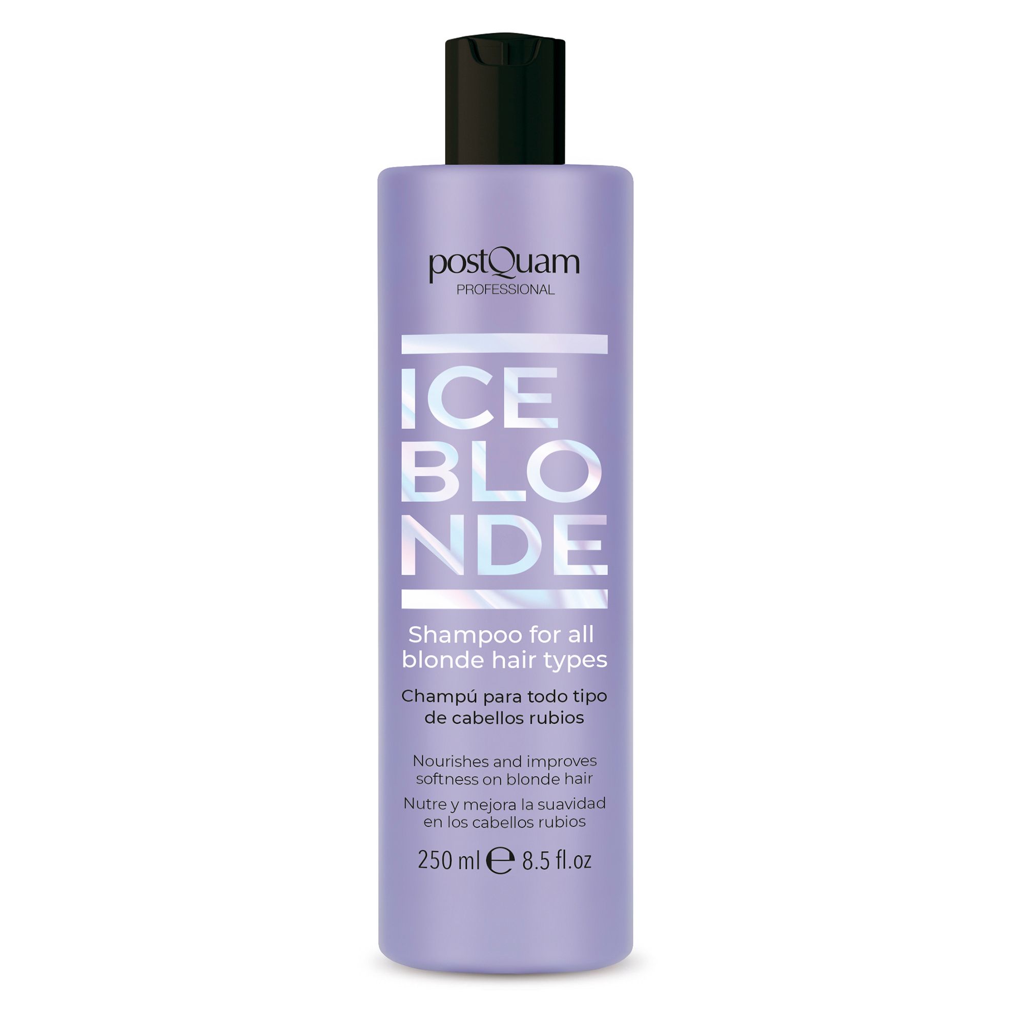 Flasche mit Shampoo für blondes Haar. Aufschrift: ICE BLONDE, 250 ml. Marke: Postquam.