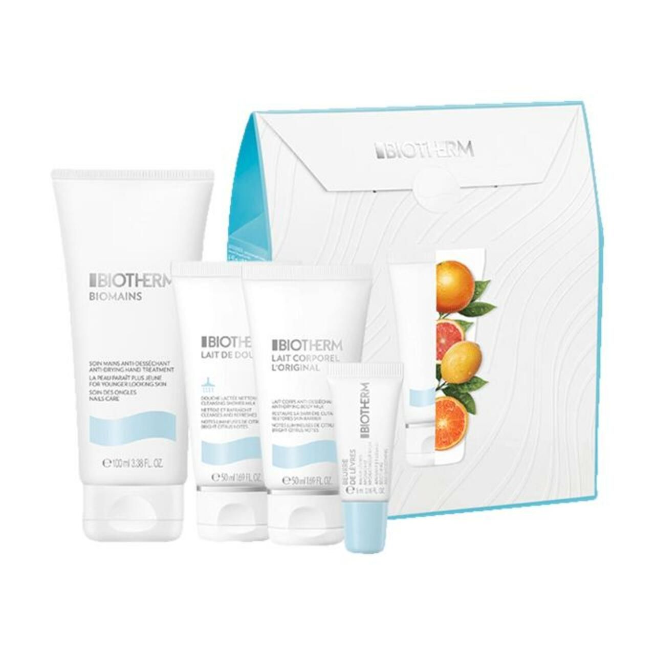 Geschenkset mit Biotherm-Produkten. Mehrere weiße Tuben mit blauem Design. Orangen-Illustration.