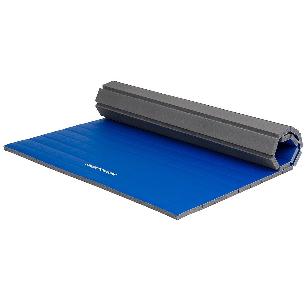 Blau-graue Sport-Thieme Rollmatte Rolly, teilweise gerollt. Rechteckige Form, geriffelte Oberfläche.