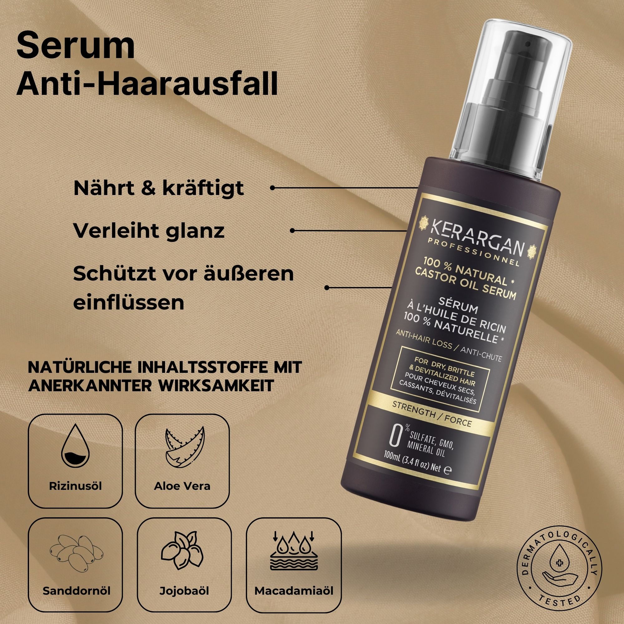 Kerargan Serum Flasche. Schwarze Flasche mit braunem Etikett. Text: 100% Natural Castor Oil Serum, Anti-Haarausfall.