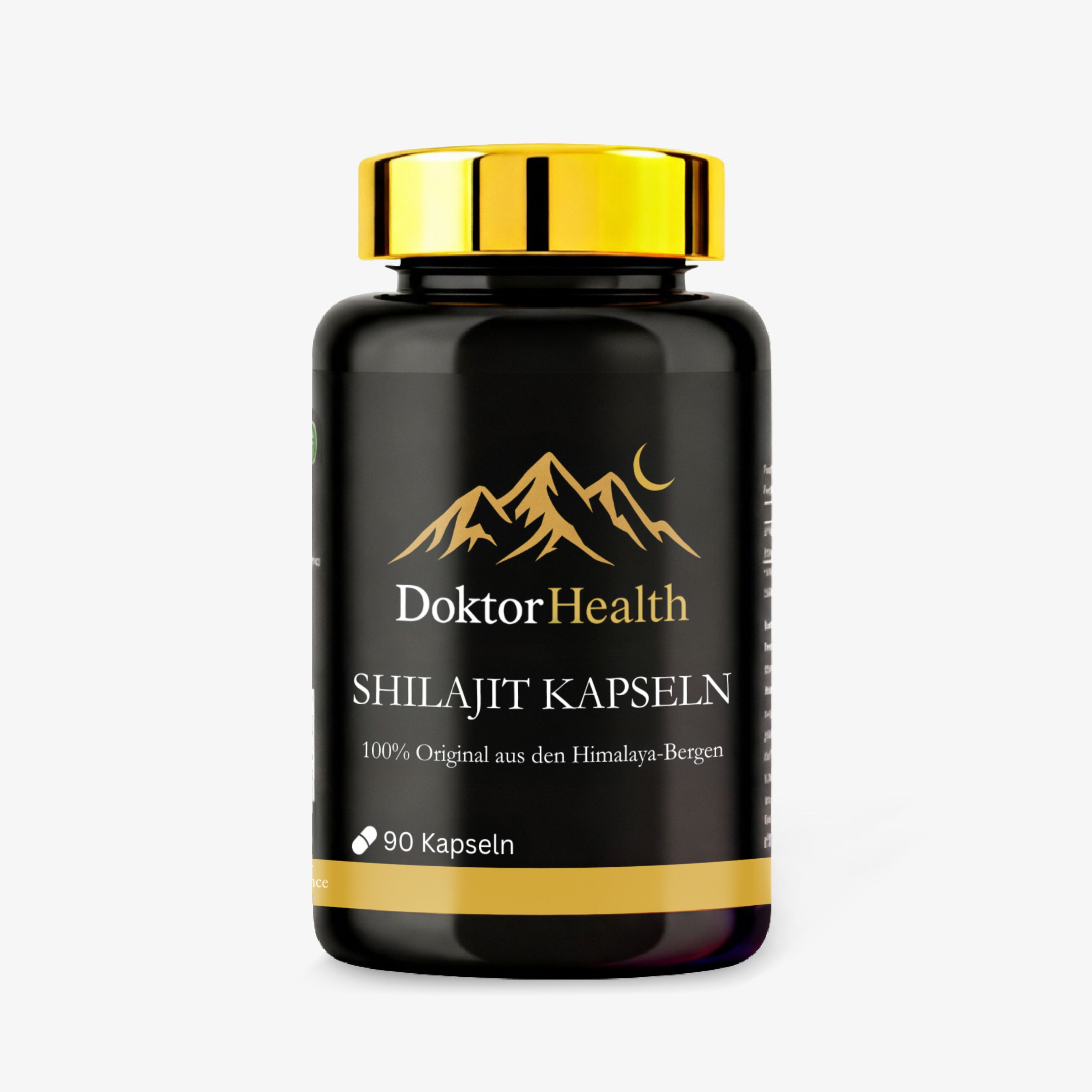 Schwarze Flasche mit goldenem Deckel. Aufschrift: Doktor Health Shilajit Kapseln.