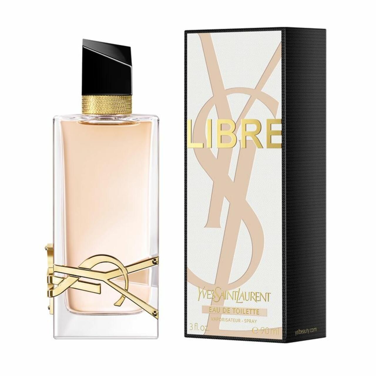 Flakon und Verpackung. Flakon mit goldfarbenem Logo. Verpackung mit Logo und Schriftzug Libre. Yves Saint Laurent Libre E.d.T. Vapo.