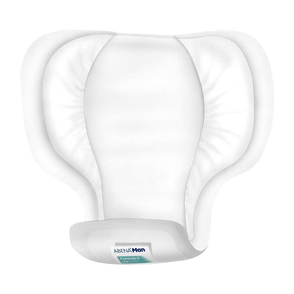 Weißes, anatomisch geformtes Produkt. Abena Man Formula 0. Rechteckige Form mit abgerundeten Ecken. Innenliegende Absorptionsschicht.