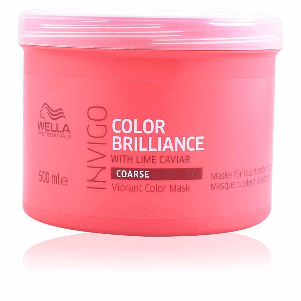 Rote Dose mit weißem Deckel. Aufschrift: Invigo Color Brilliance, mit Limettenkaviar, Coarse, Vibrant Color Mask. 500 ml.