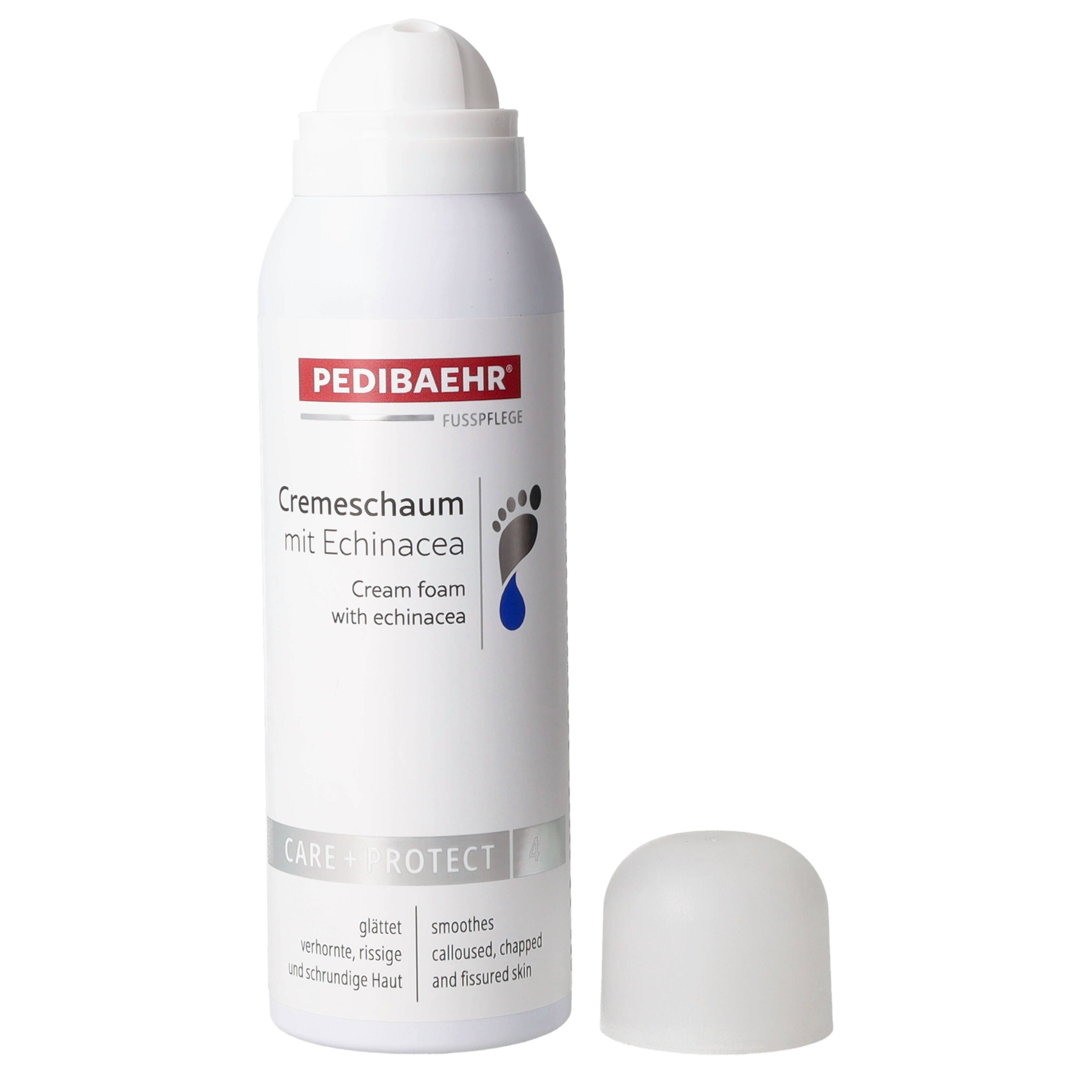 Pedibaehr Cremeschaum mit Echinacea: Dose mit abgenommenem Deckel, Fußpflege-Symbol.