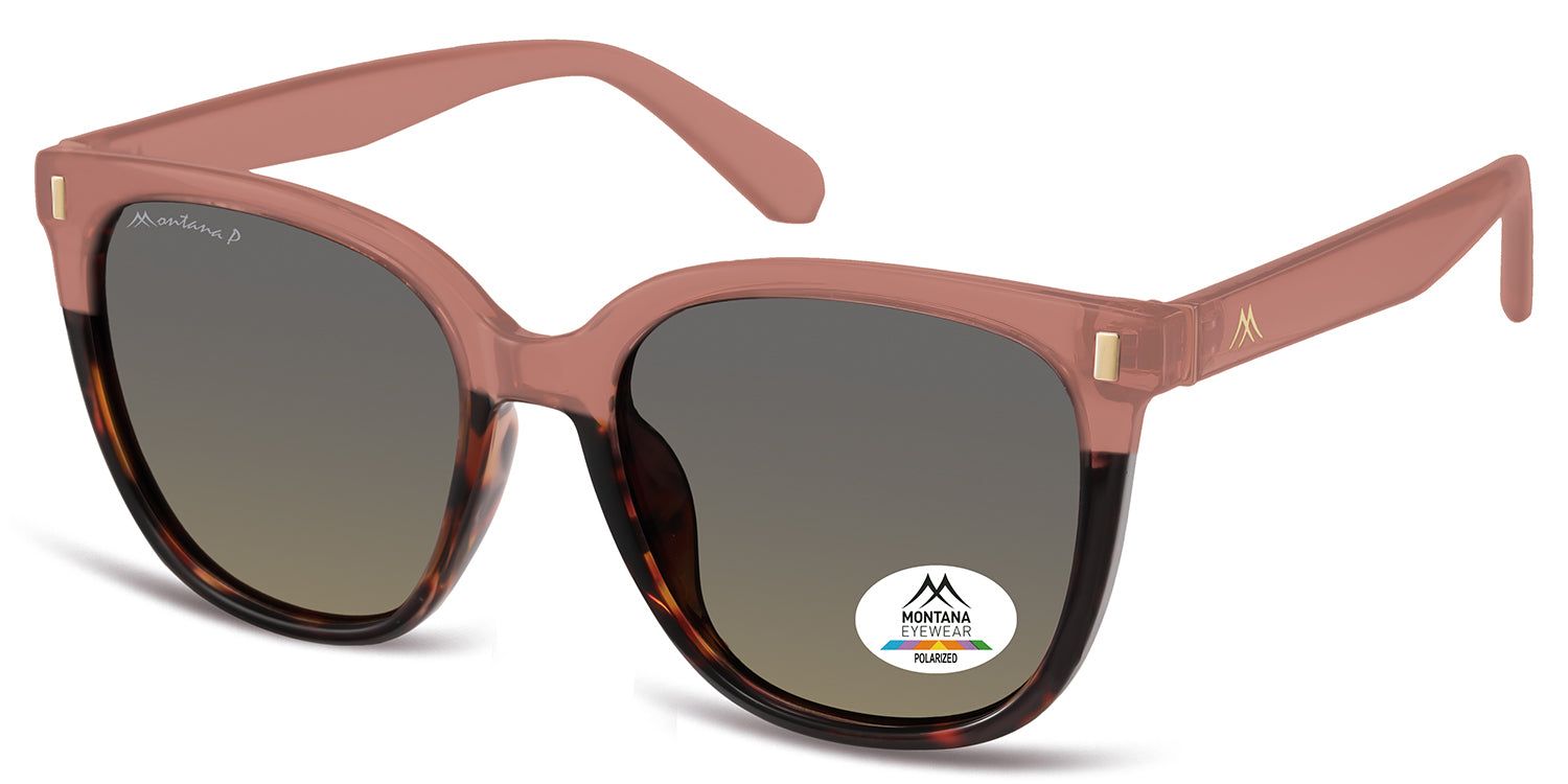 Sonnenbrille mit braunem Rahmen und Gläsern. Logo und Polarisations-Aufkleber. Bügel mit goldfarbenen Details.
