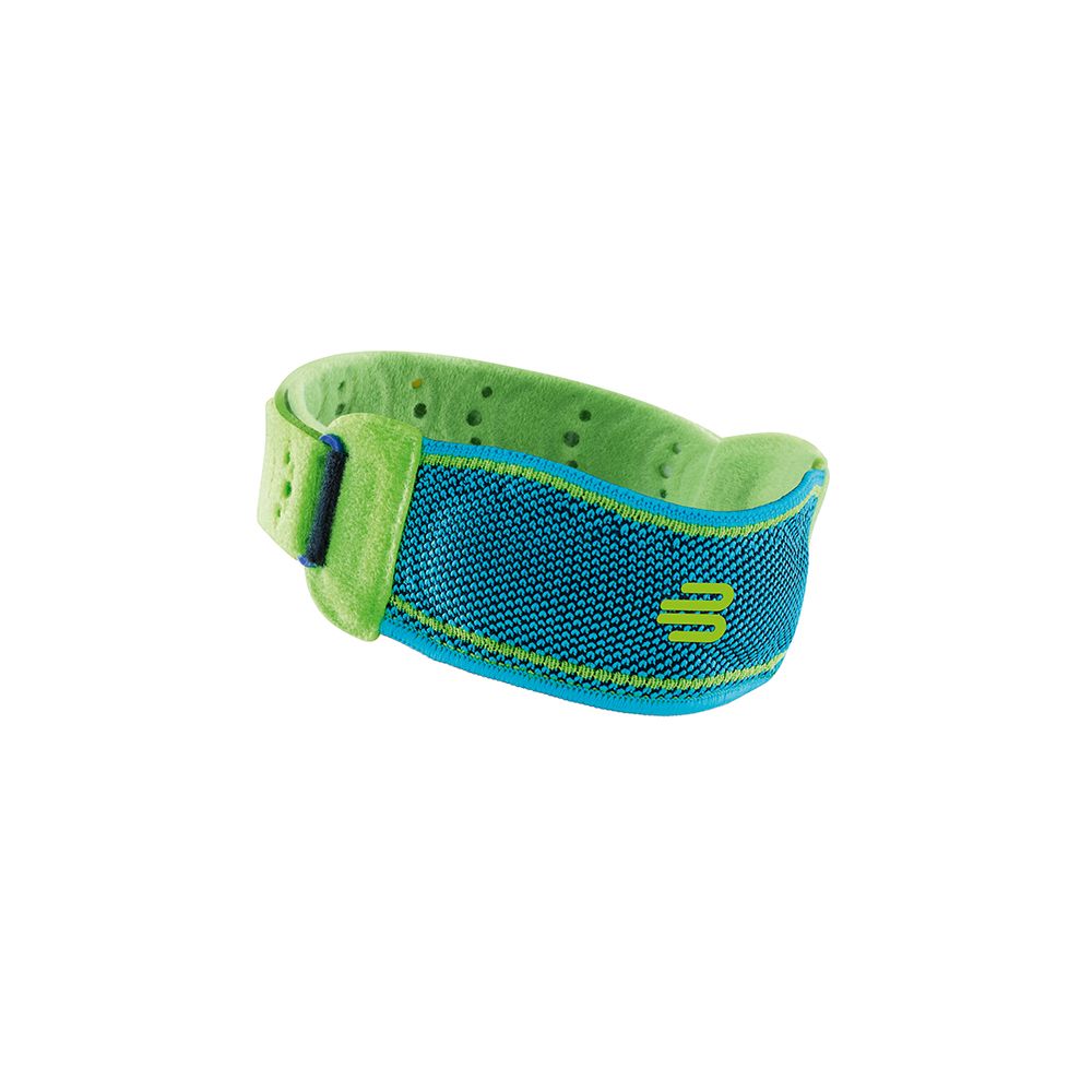 Blau-grüner Kniestrap mit grünem Logo. Klettverschluss. Mesh-Material.