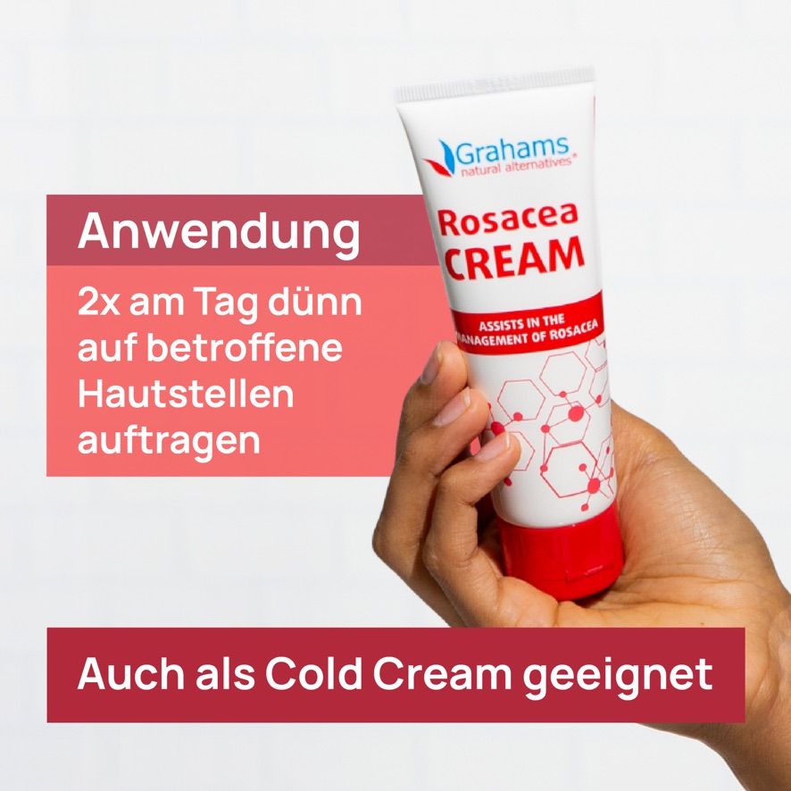 Hand hält Tube Rosazea Creme. Logo von Grahams. Text: Anwendung: 2x täglich dünn auftragen. Auch als Cold Cream geeignet.