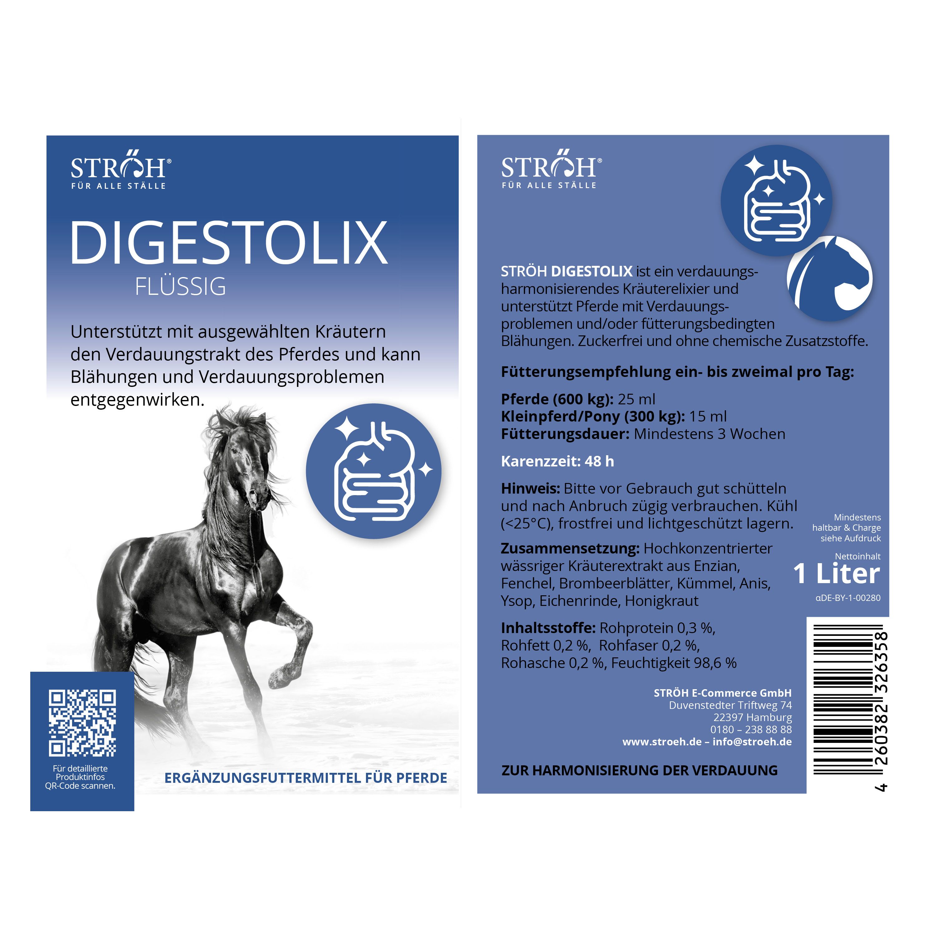 STRÖH DIGESTOLIX Flüssig. Ergänzungsfuttermittel für Pferde. 1 Liter Flasche mit Produktinformationen und einem Pferd.
