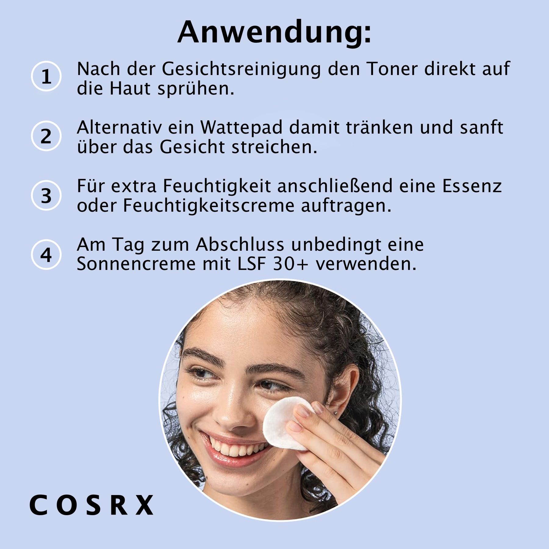 Frau mit Wattepad. Etikett: AHA/BHA Clarifying Treatment Toner. Marke COSRX. Anwendungshinweise.
