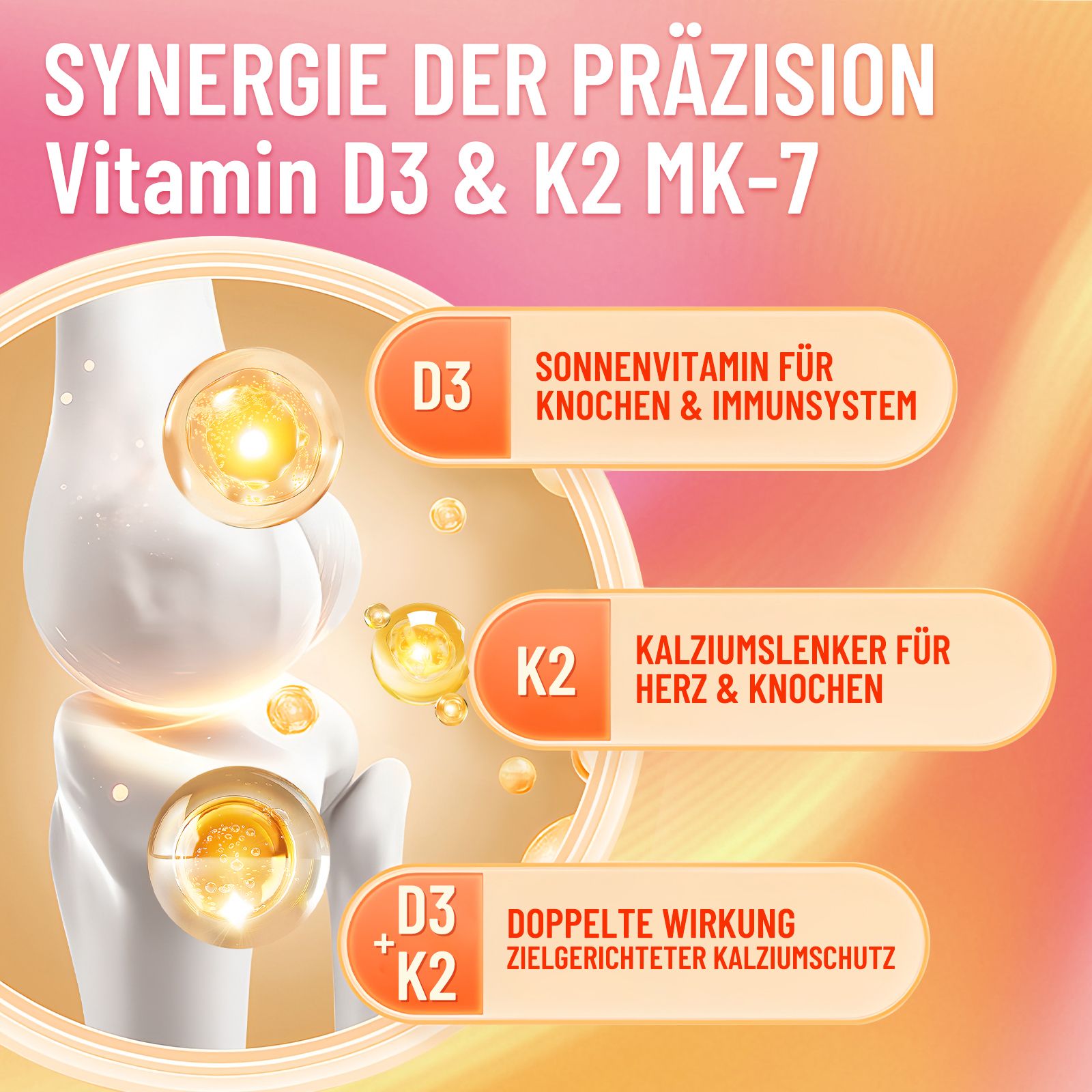 Grafik mit Vitamin D3 & K2 MK-7 für Knochen und Immunsystem. Zeigt eine stilisierte Knochenstruktur mit leuchtenden Kapseln.