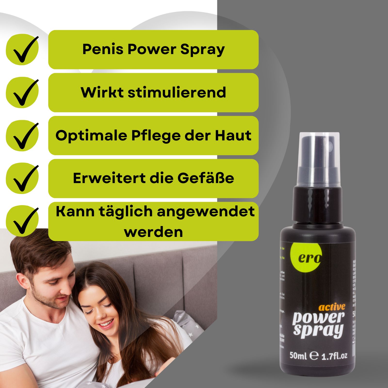 Produkt und Verpackung. Text: Ero, active power spray men. 50ml, 1.7 fl oz. Paar im Hintergrund. Checkmark-Symbol.