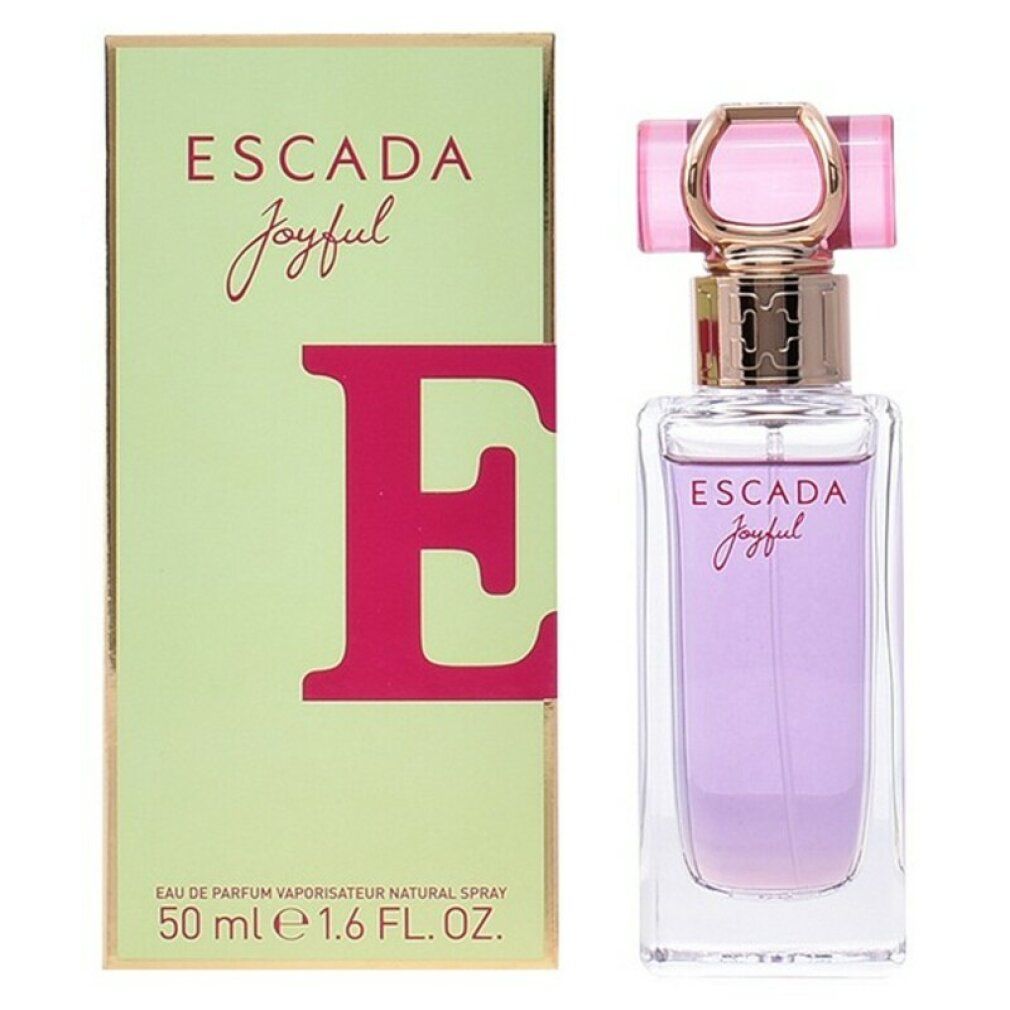 Escada Joyful Eau de Parfum Spray. Flakon und Verpackung. Hellgrüne Schachtel mit pinkfarbenem Schriftzug und Flakon.