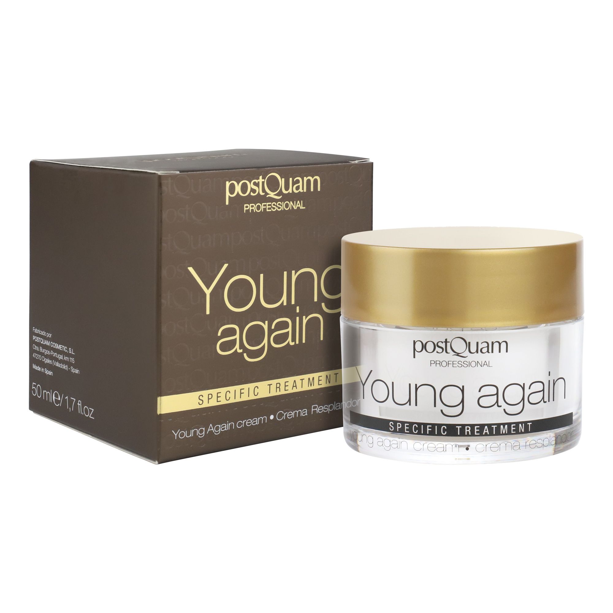 Creme-Glas mit goldfarbenem Deckel und brauner Verpackung. Aufschrift: Young again, Specific Treatment. Marke: Postquam.