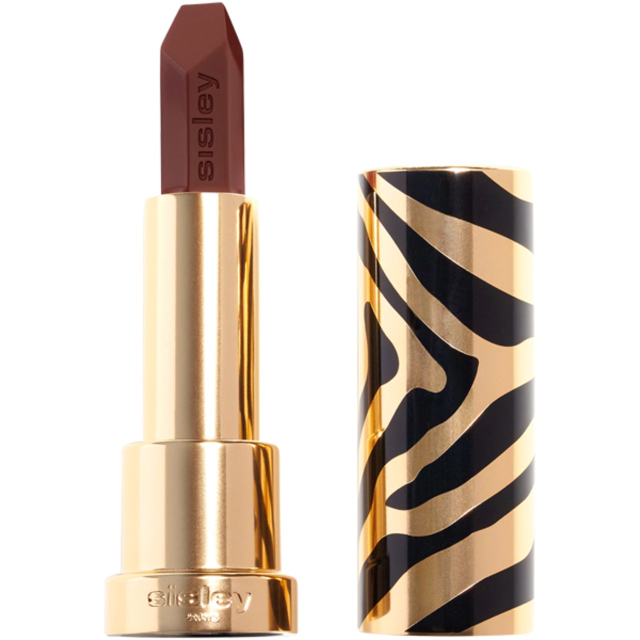 Lippenstift mit goldfarbener Hülse und Zebra-Muster. Der Lippenstift ist geöffnet und zeigt eine braune Spitze. Sisley-Logo.