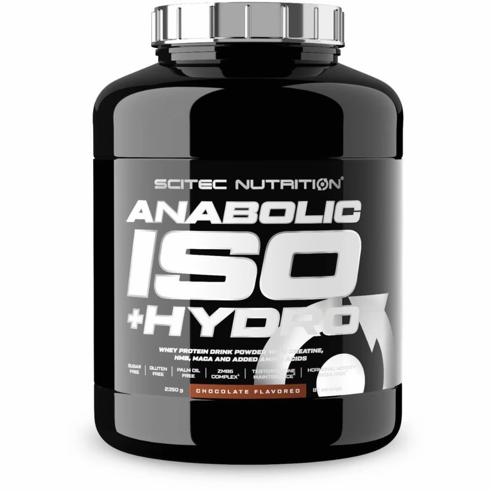 Schwarze Dose Scitec Nutrition Anabolic Iso+Hydro, Chocolate Flavored. Mit weißer Schrift und Logo. Deckel silber.