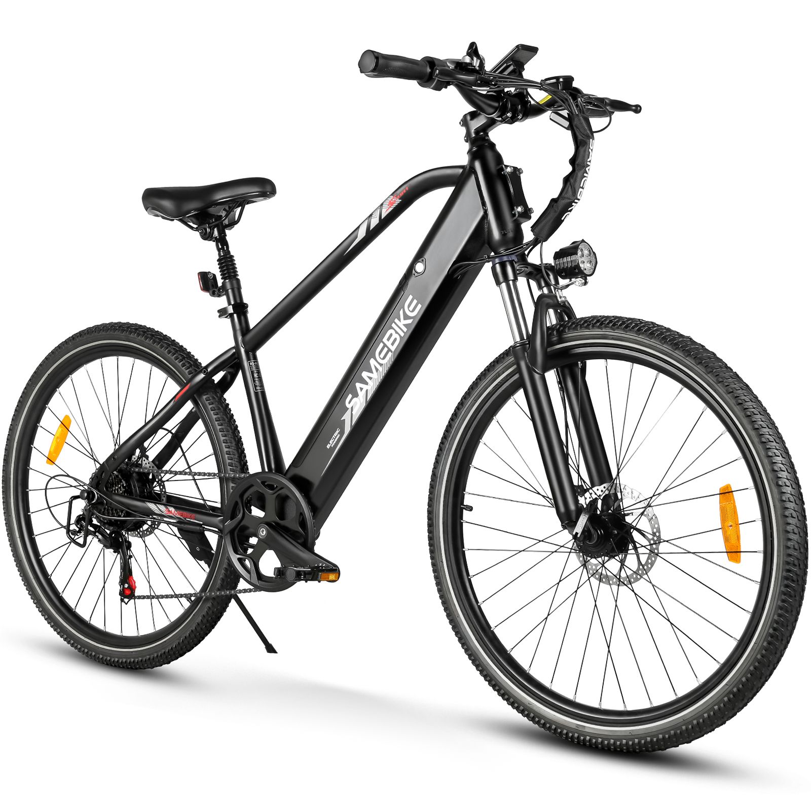 Schwarzes E-Mountainbike. Marke SAMEBIKE. Sichtbare Komponenten: Rahmen, Räder, Sattel, Lenker, Scheinwerfer, Pedale.