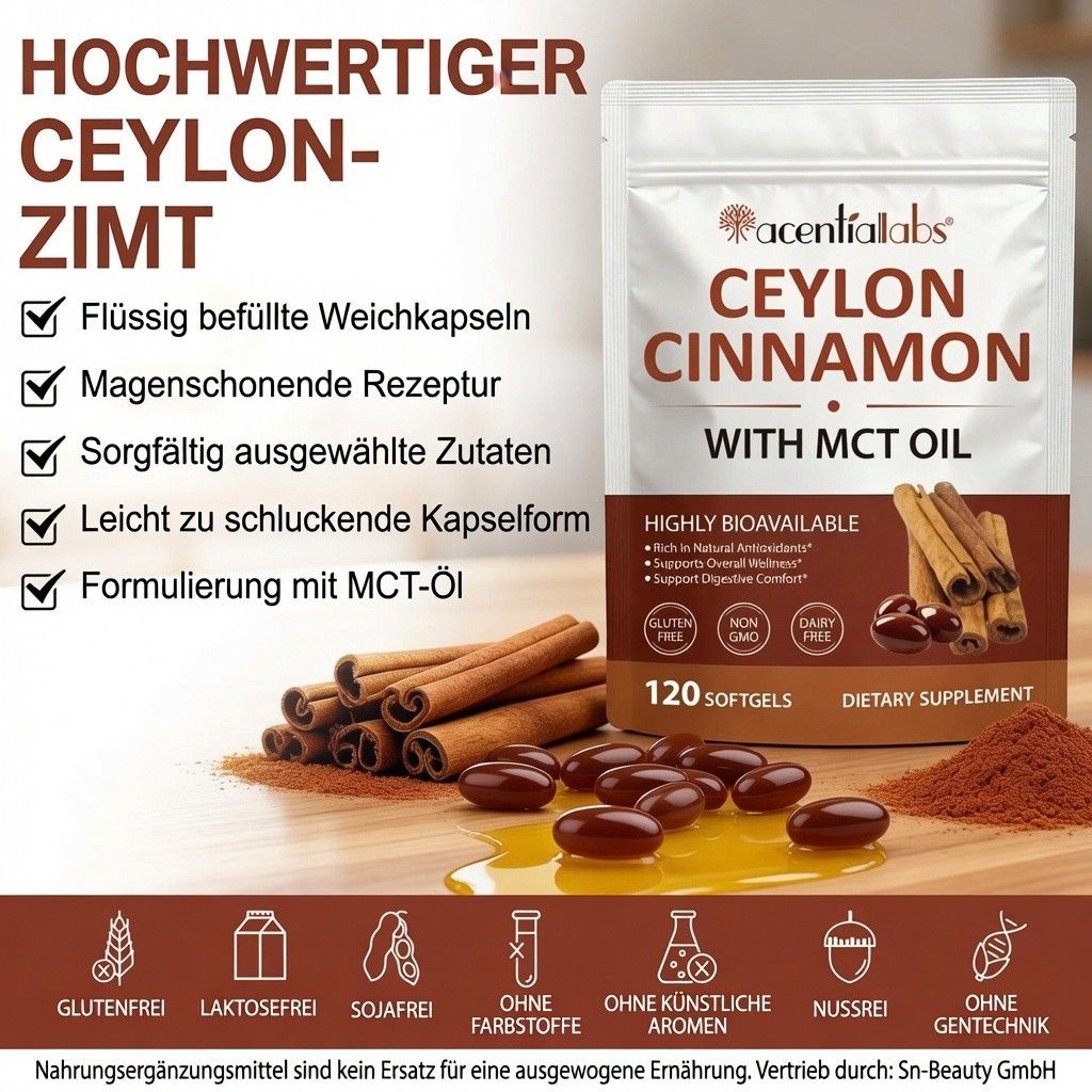 Acentialabs Ceylon-Zimt-Extrakt mit MCT-Öl, Weichkapseln aus echter Zimtrinde