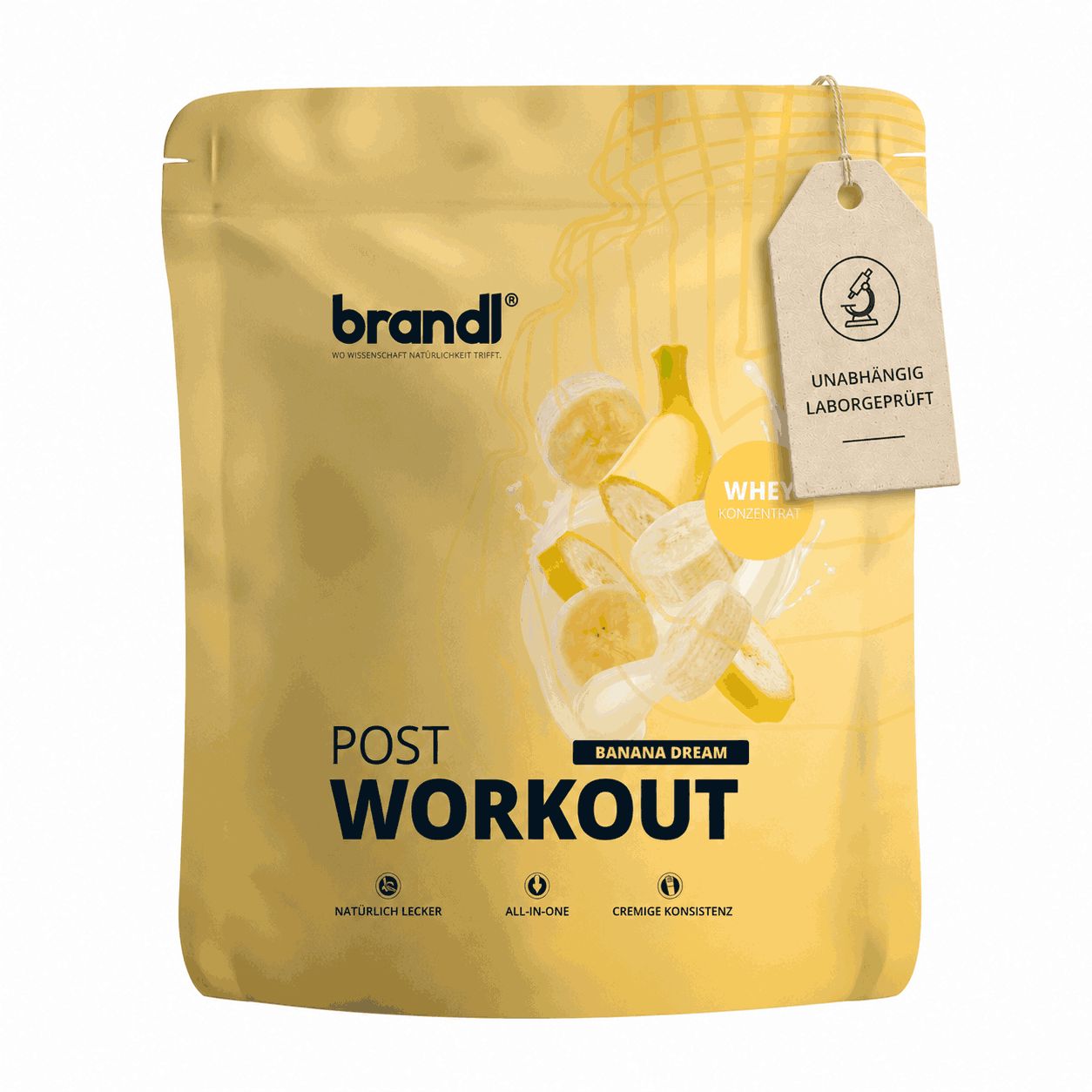 brandl® Protein-Pulver Beutel mit Anhänger. Text: Post Workout, Banana Dream, Unabhängig laborgeprüft.