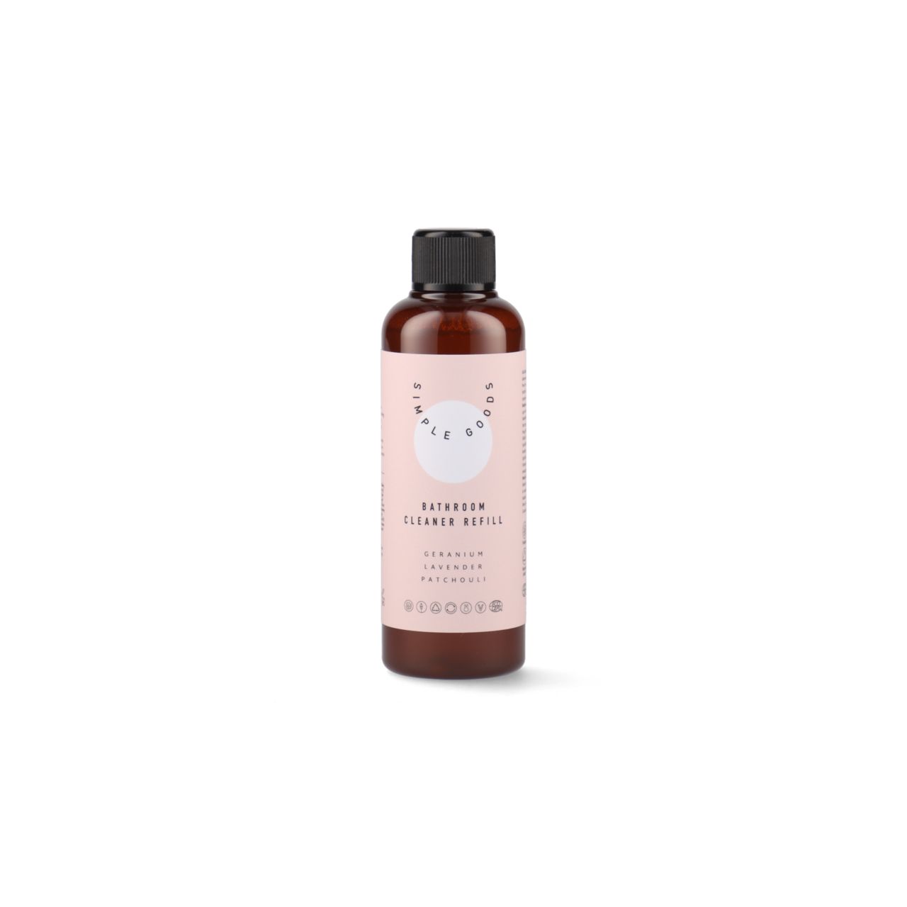 Braune Flasche mit schwarzem Deckel. Aufschrift: Simple Soap, Bathroom Cleaner Refill. Rosa Etikett. Keine Handdesinfektion.