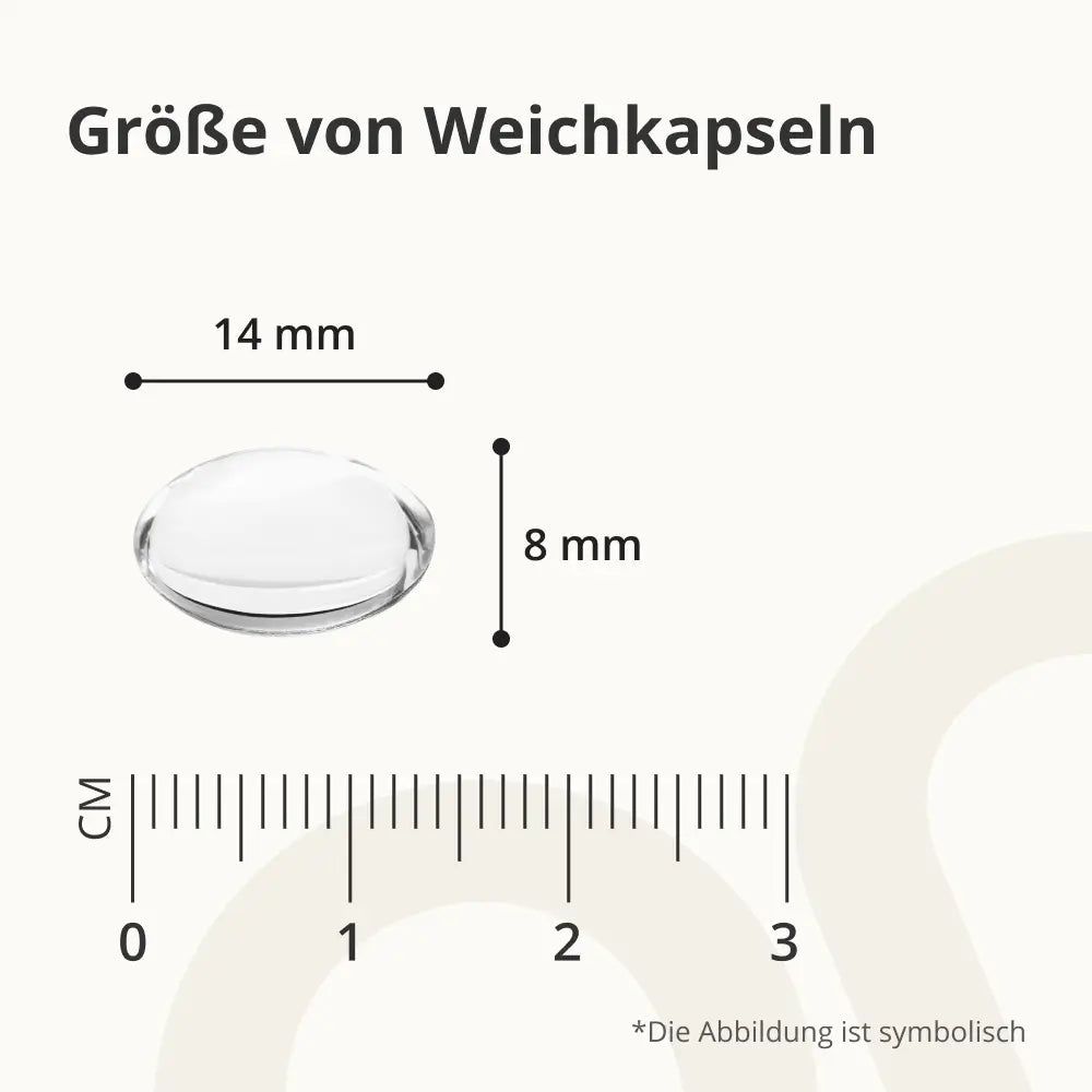 Nahaufnahme einer Kapsel. Maße: 14 mm x 8 mm. Skala in cm. Text: Größe von Weichkapseln. Text: Die Abbildung ist symbolisch.