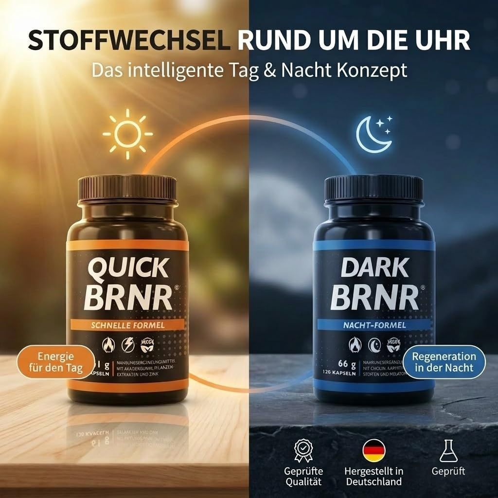 Zwei Flaschen BRNR Stoffwechsel Kur: Tag (orange) und Nacht (blau).