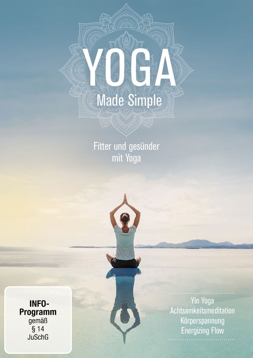 Buchcover mit Titel YOGA Made Simple. Frau in Yoga-Pose auf Wasser. Text: Fitter und gesünder mit Yoga. Weitere Stichworte: Yin Yoga, Achtsamkeit.