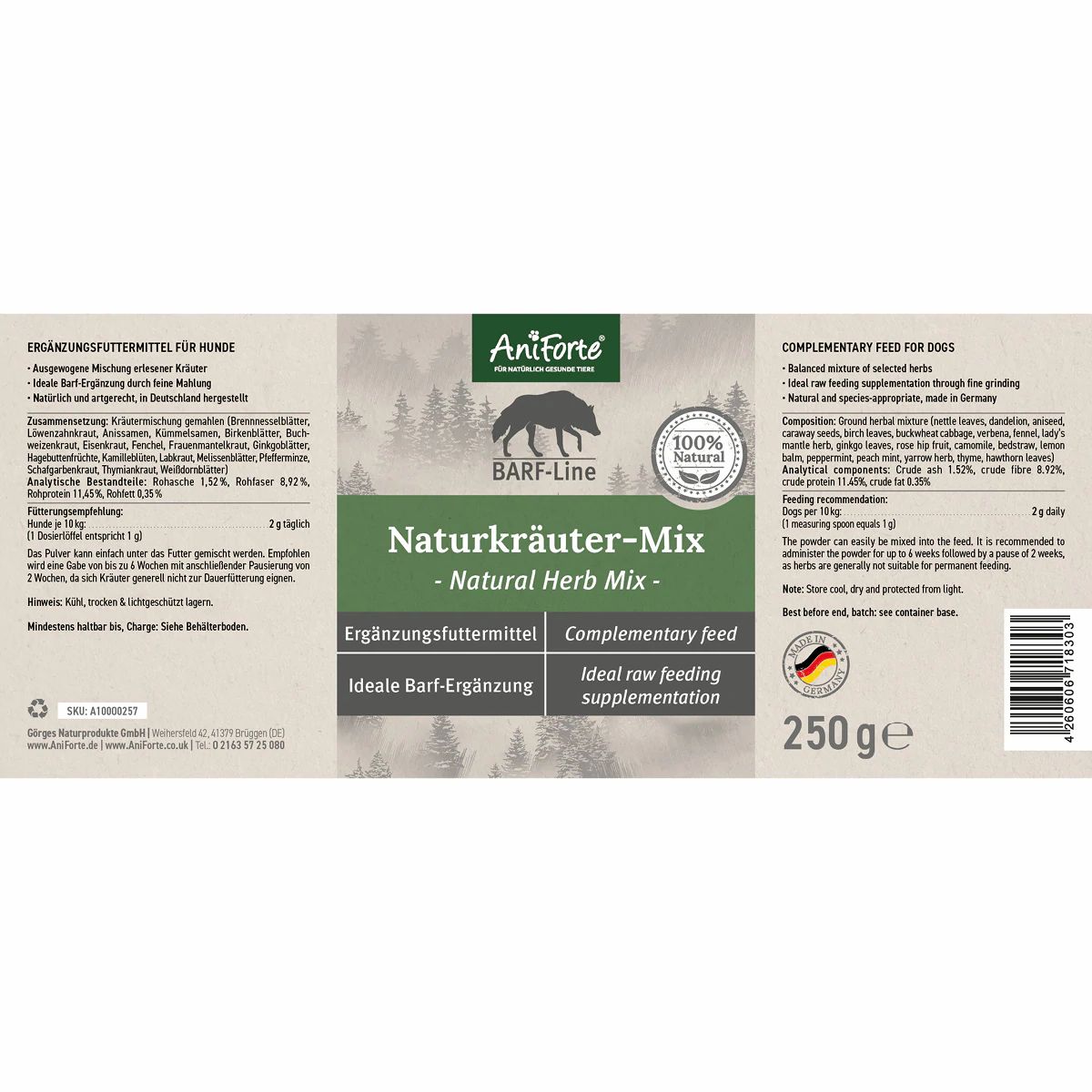 Etikett mit Text. Aufschrift: AniForte, BARF-Line Naturkräuter-Mix, 100% natürlich. Ergänzungsfuttermittel. 250g. Zusammensetzung und Anwendung.