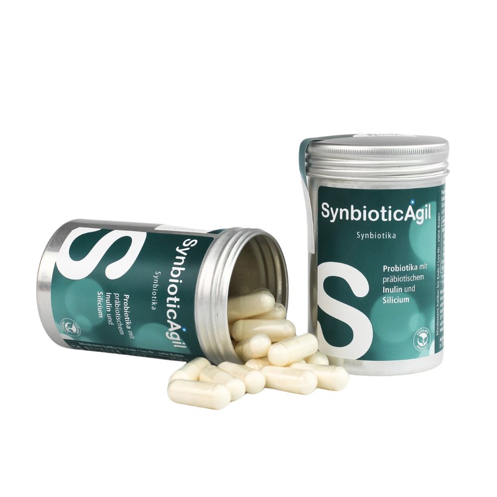 Zwei Dosen SynbioticAgil, eine geöffnet mit Kapseln, die andere geschlossen. Aufschrift: Synbiotika, Probiotika mit Inulin und Silicium.