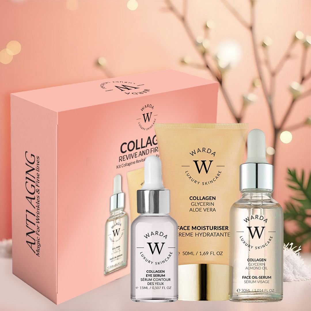 Warda COLLAGENSKIN LIFTER SERUM Set. Set mit Box, Serumflaschen und Creme. Aufschrift: COLLAGEN, LUXURY SKINCARE.