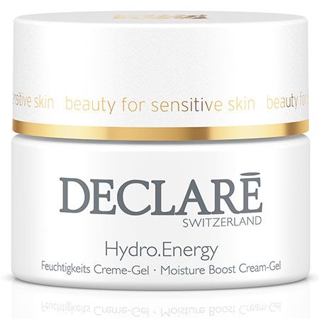 Weißer Tiegel mit goldfarbenem Deckel. DECLARÉ-Logo und Produktbezeichnung Hydro.Energy. Aufschrift: Feuchtigkeits Creme-Gel.