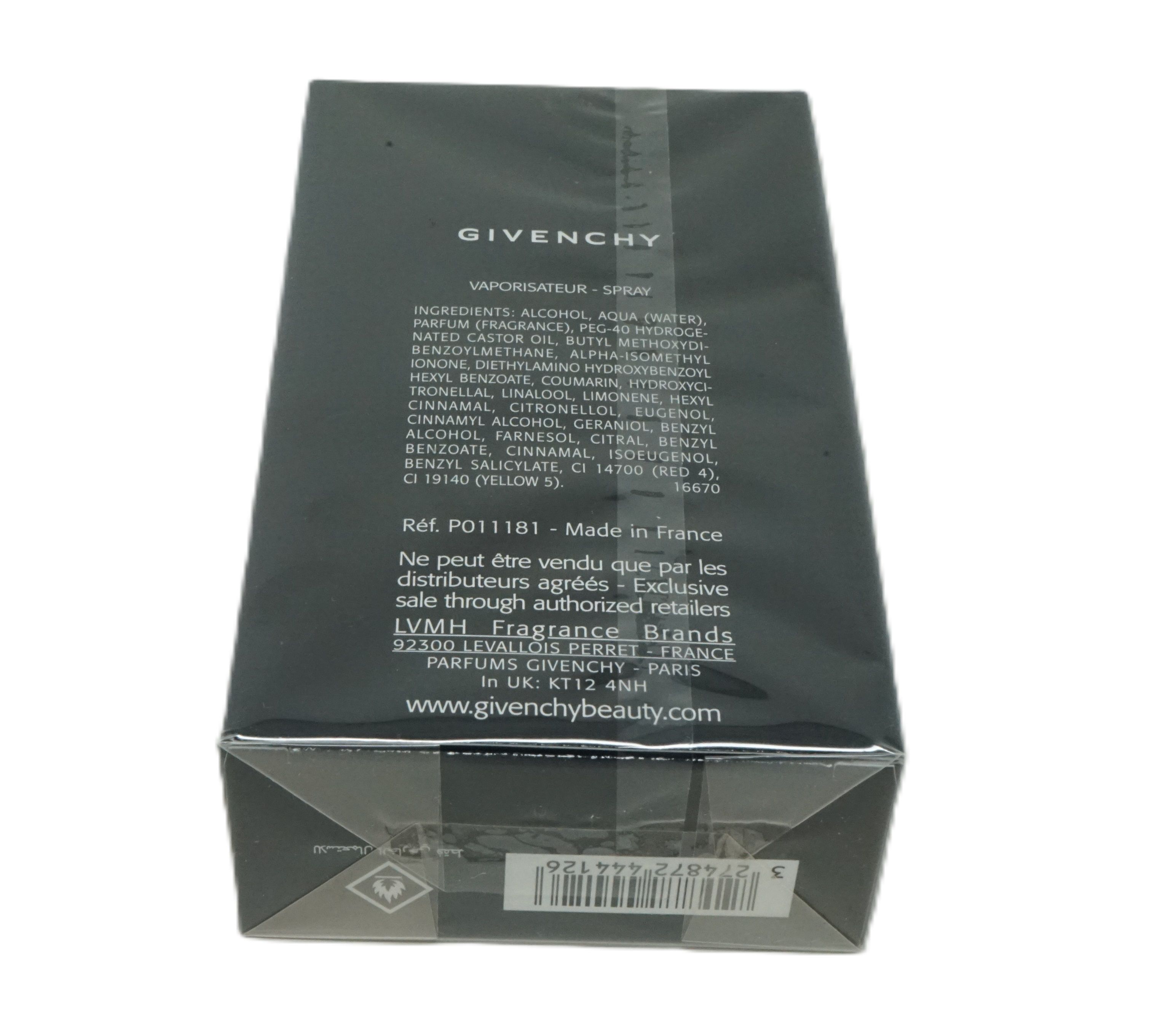 Schwarze Verpackung mit Text. Oben "GIVENCHY". Aufgedruckte Inhaltsstoffe und Herstellerinformationen. Unten "www.givenchybeauty.com".