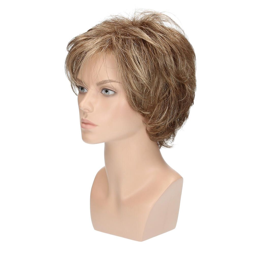 Perücke BRÜGGE auf einem Schaufensterkopf. Kurze, blonde Haare mit Strähnen. Seitenansicht.