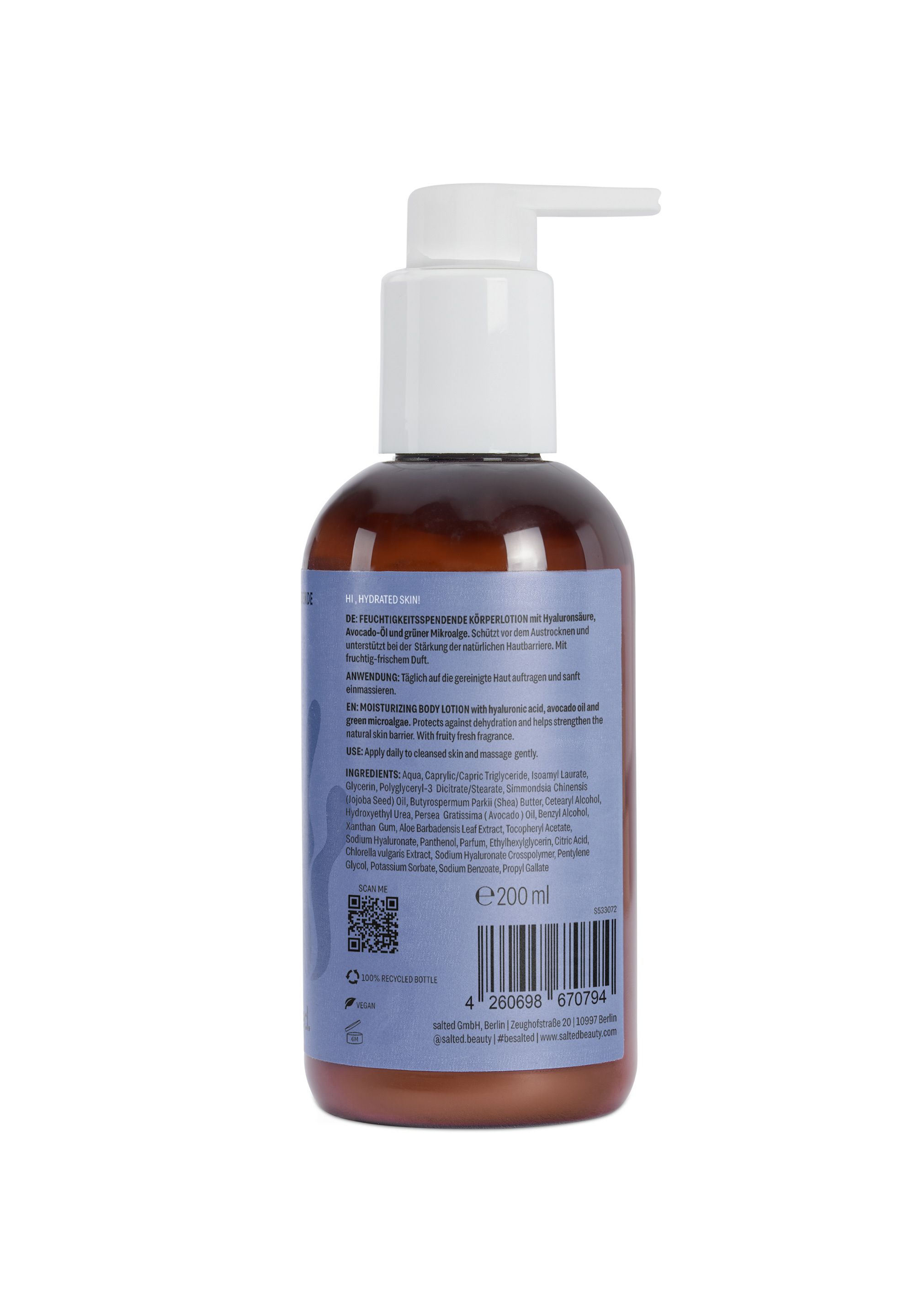 Feuchtigkeitsspendende Körperlotion mit Hyaluronsäure und Avocadoöl. 200 ml Flasche mit Pumpspender.