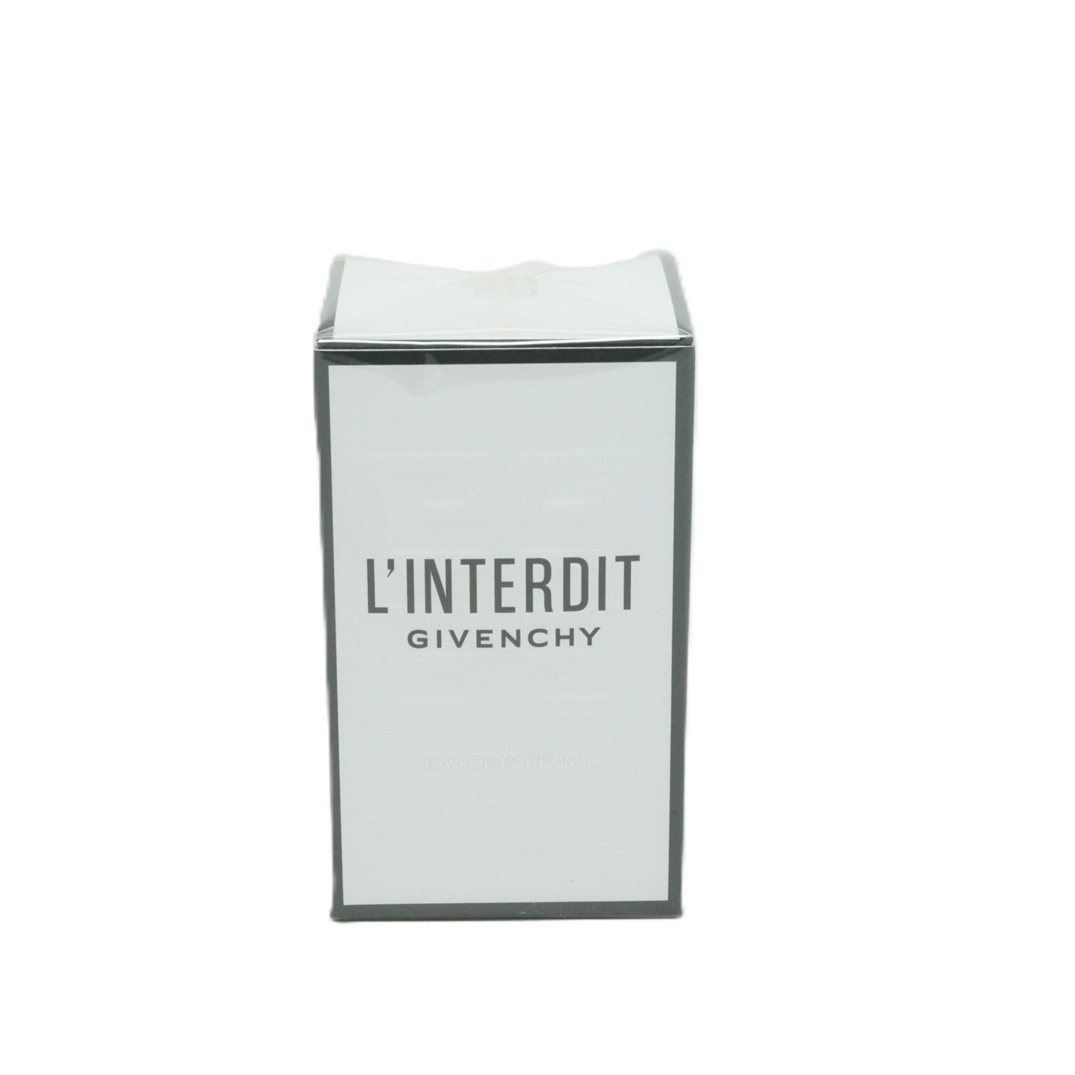 Weißer Karton mit schwarzem Rahmen. Aufschrift "L'INTERDIT GIVENCHY".