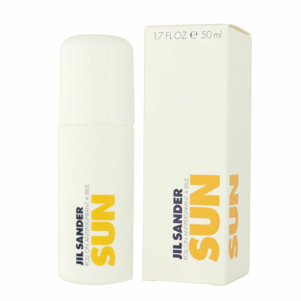 Jil Sander Sun Roll-On Antiperspirant, 50ml, weißer Flakon und Verpackung mit orangefarbenem Schriftzug.