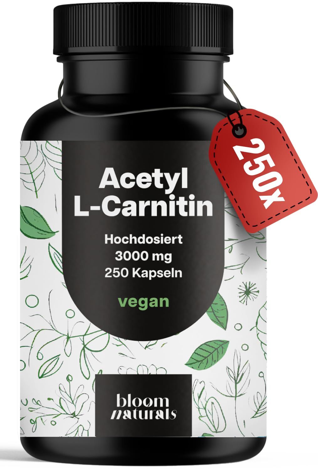 Schwarze Dose Acetyl-L-Carnitin mit rotem 250x Anhänger. Bloom Naturals.