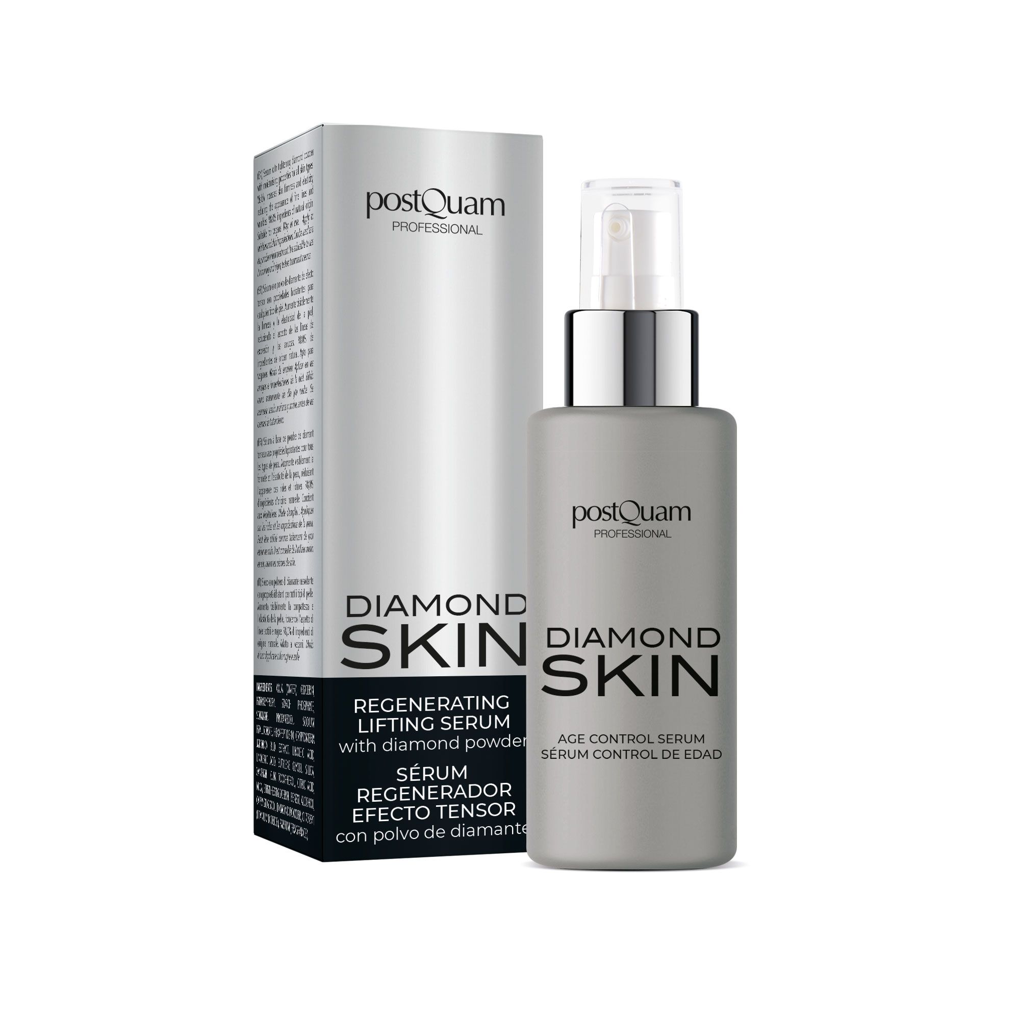 Graue Flasche und Schachtel mit Produktnamen DIAMOND SKIN. Aufschrift: Regenerating Lifting Serum. Marke: postQuam PROFESSIONAL.