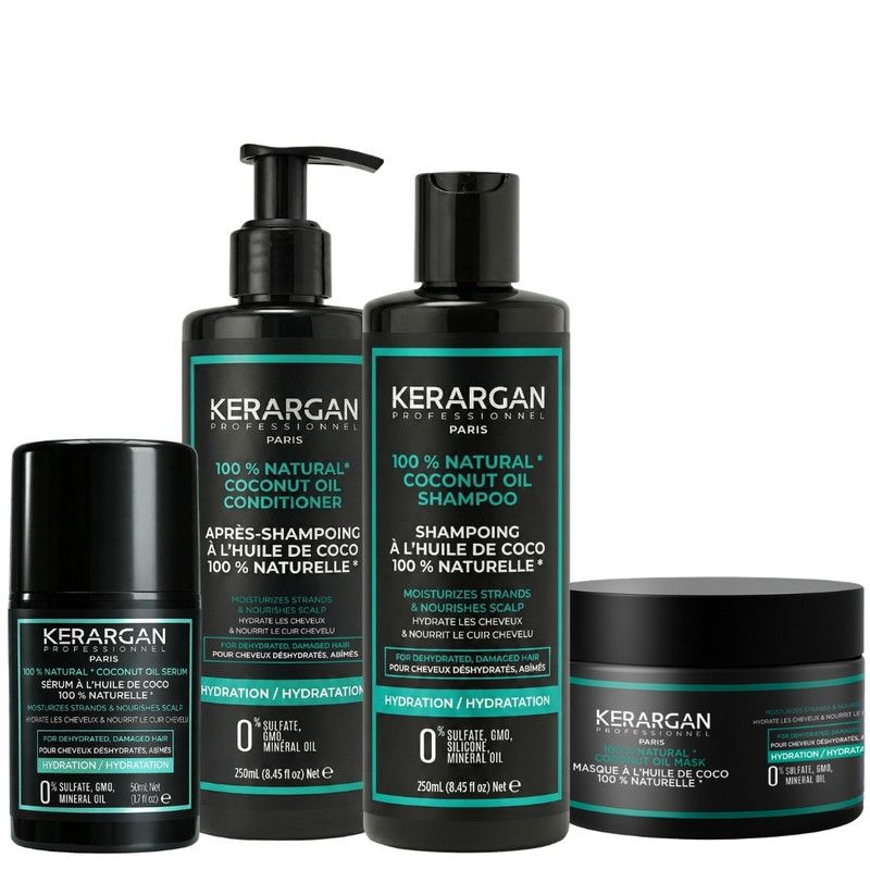Kerargan – Feuchtigkeitspflege-Set mit Shampoo, Conditioner, Maske & Serum Kokosöl 800 ml