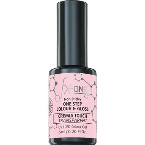 Flasche Nagellack. Aufschrift: FX-ONE, Non Sticky, ONE STEP COLOUR & GLOSS, CREMIA TOUCH TRANSPARENT, UV/LED Colour Gel.