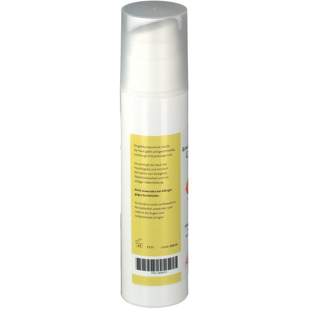 Weiße Flasche mit gelbem Etikett. Transparenter Deckel. Text und Barcode.