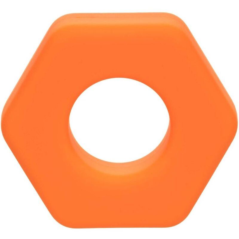 Orangener Sexagon-Ring mit rundem Loch in der Mitte. Aus Silikon.