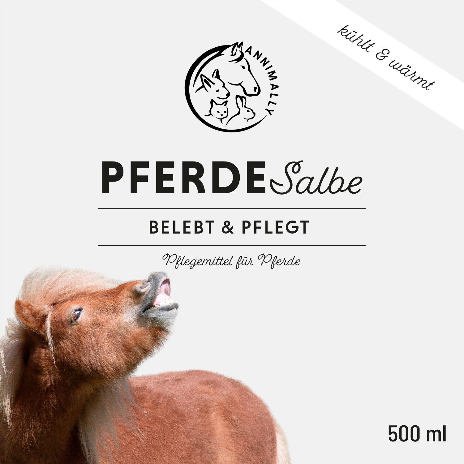 Produktverpackung mit Logo und Produktname. Text: Belebt & Pflegt. Pferd-Illustration. 500 ml.