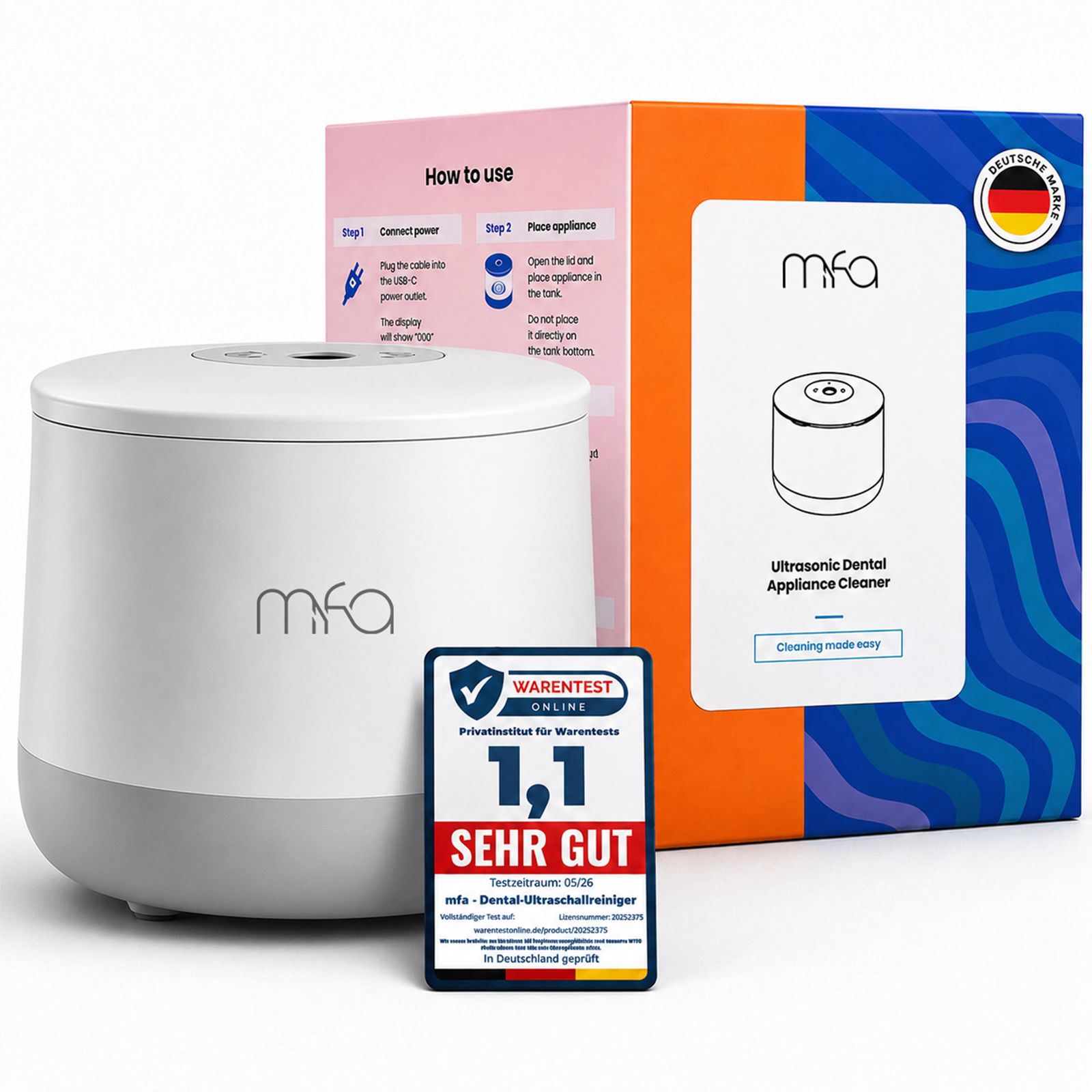 Ultraschallreiniger mit Verpackung. Marke: mfa. Zertifizierung: Sehr gut. Aufkleber: Made in Germany.