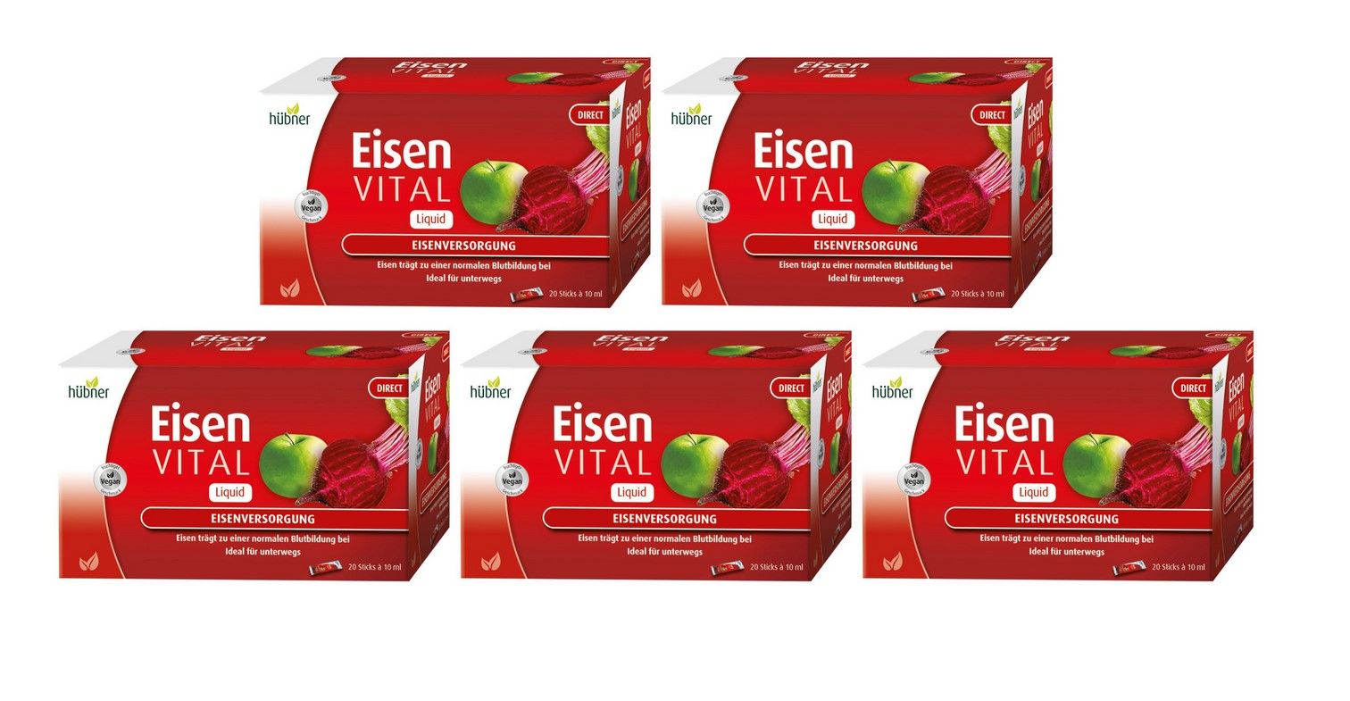Fünf Packungen Eisen Vital. Rote Verpackung mit Apfel und Rote Bete. Schriftzug Eisen Vital.
