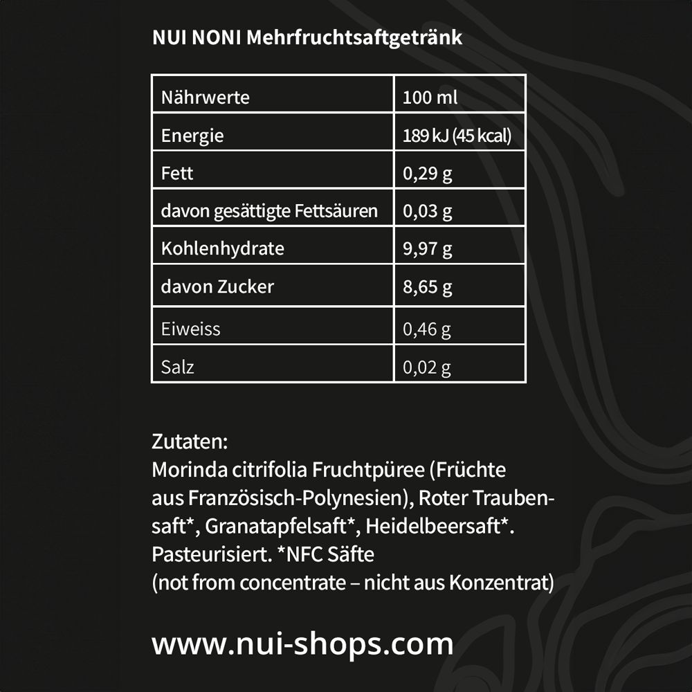 Nährwerttabelle für NUI NONI Mehrfruchtsaftgetränk. Enthält Informationen zu Energie, Fett, Kohlenhydraten, Zucker, Eiweiß und Salz.