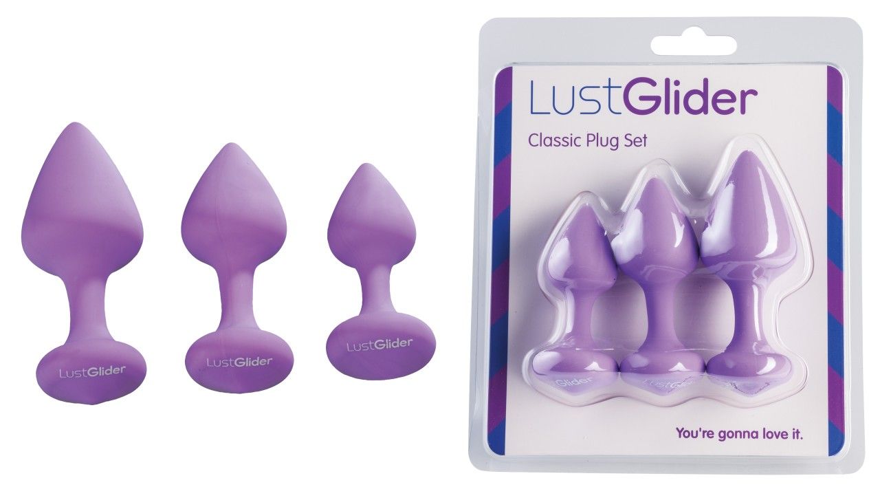 Drei lilafarbene Analplugs. Rechts: Produktverpackung mit drei Plugs. Schriftzug: LustGlider Classic Plug Set.