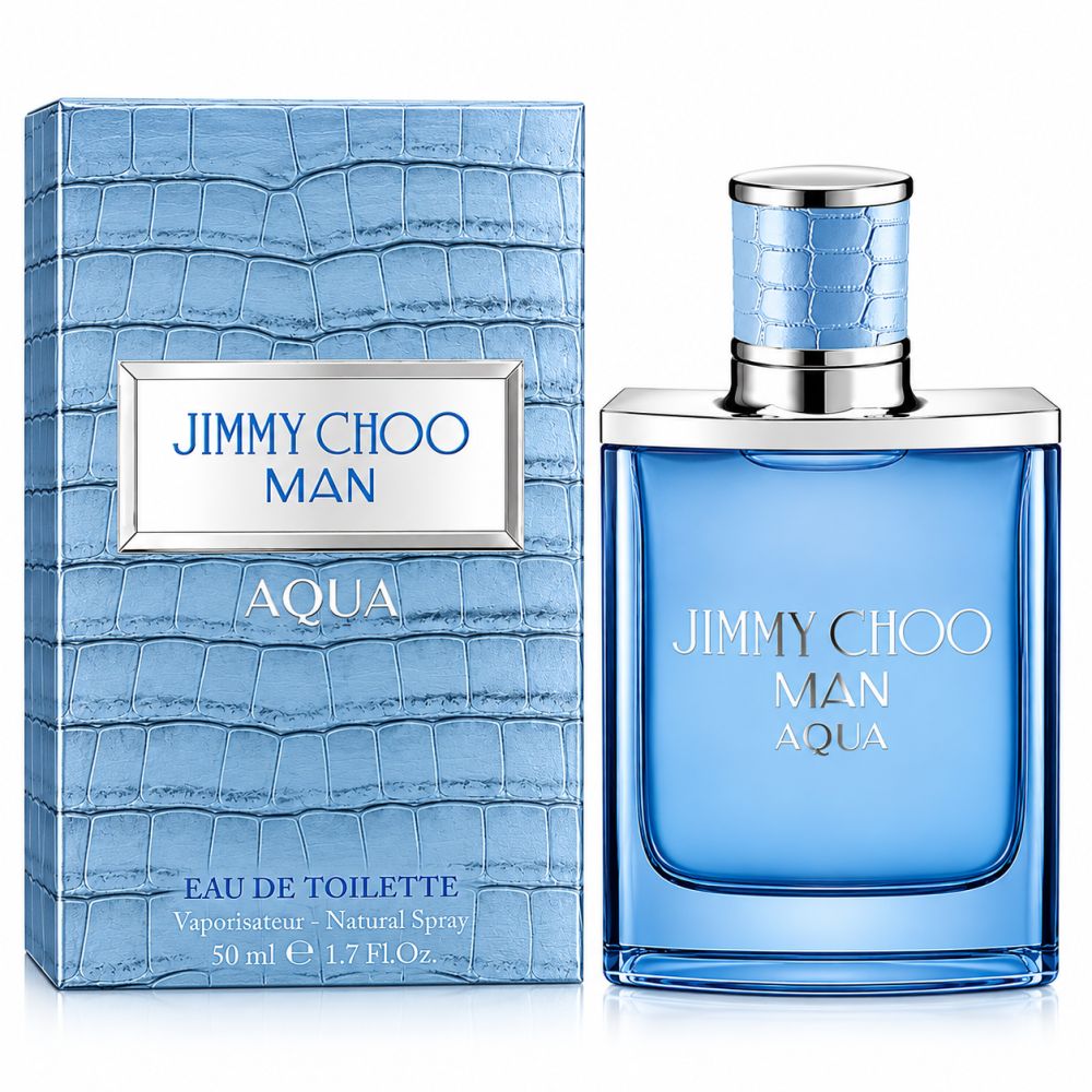Jimmy Choo Man Aqua Eau de Toilette Flakon und Verpackung mit Krokodilleder-Textur.