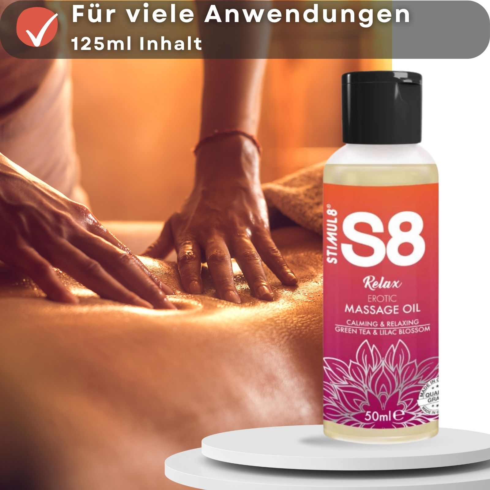 S8 Relax Massageöl. Flasche, 50ml. Frau bekommt Rückenmassage. Text: Für viele Anwendungen, 125ml Inhalt.