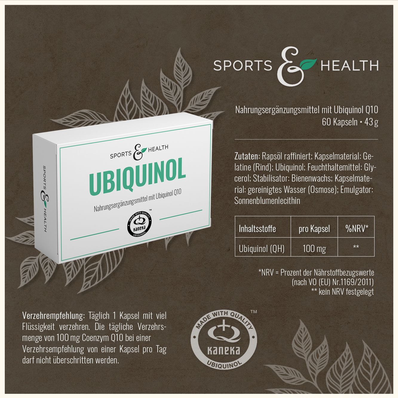 Weiße Schachtel mit Text: UBIQUINOL, SPORTS & HEALTH. Logo: Kaneka Ubiquinol. Nährwerttabelle, 60 Kapseln.